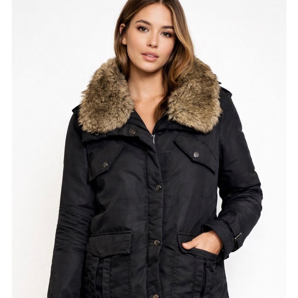 STEVE MADDEN Black Faux Fur Removable Collar Puffer Coat/Jacket Leopard Print